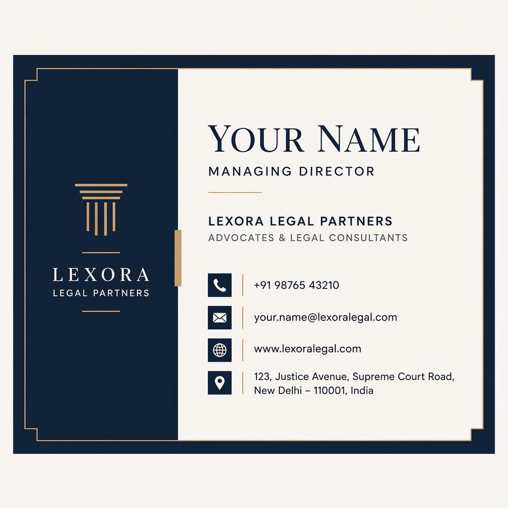 Front render of a Swiss-style business card in navy and cream with placeholder name, role, company, phone, email, website.
