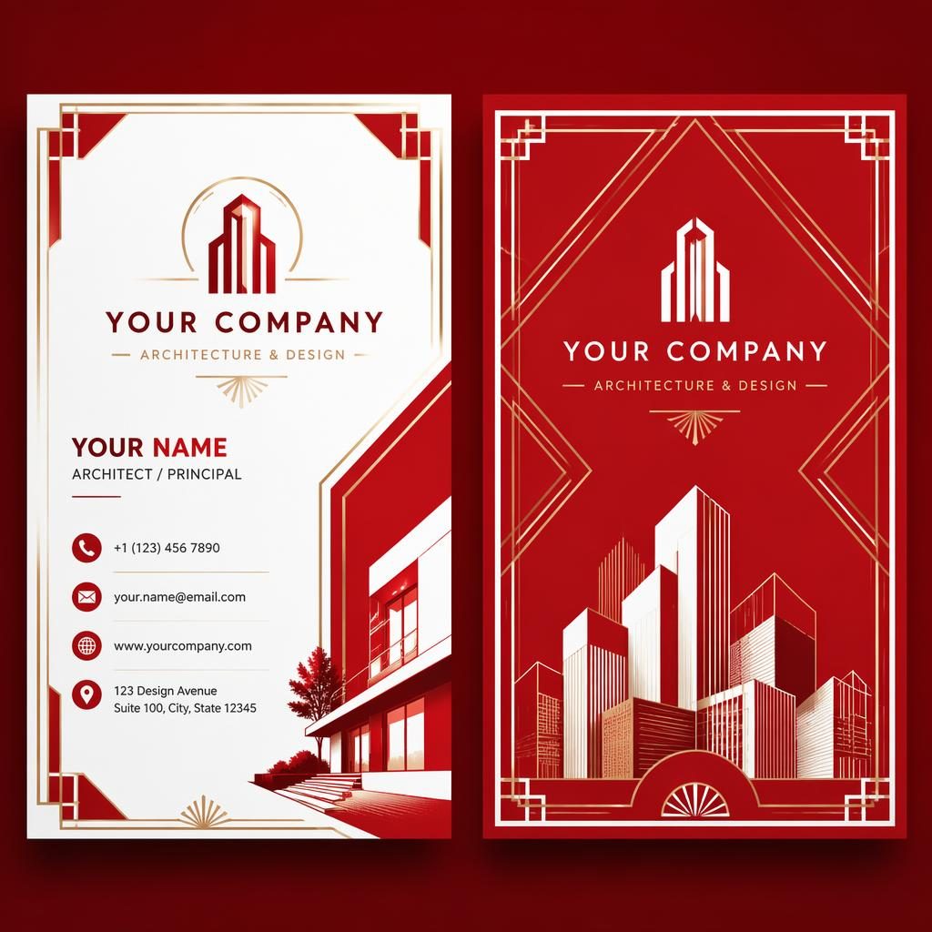 Both sides of an art deco business card shown side by side in bold red and white with clean placeholder contact details.