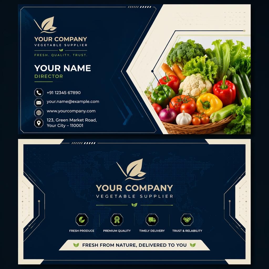 Front and back business card mockup for a vegetable supplier in navy and cream, with futuristic layout and sharp text.