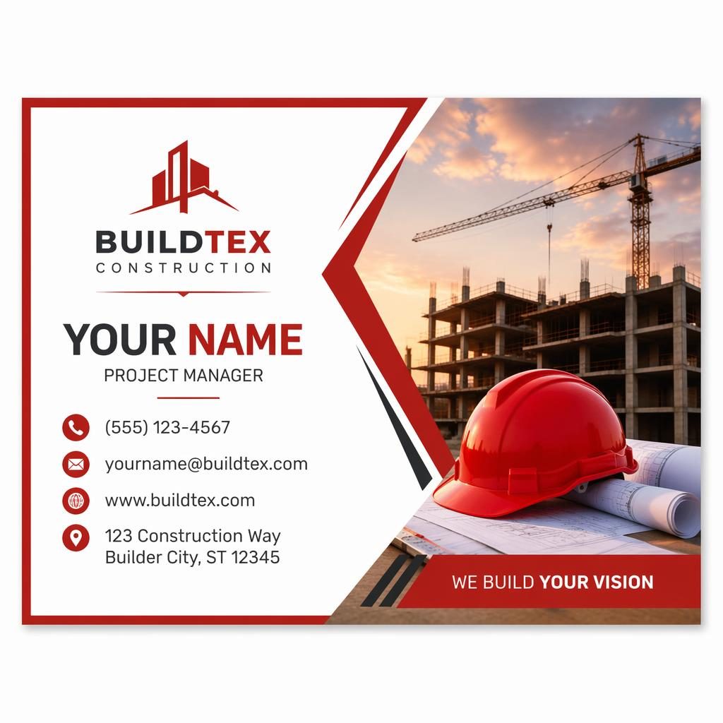 Front view of a construction calling card sample in warm red and white, with sharp placeholder contact details and clean layout.