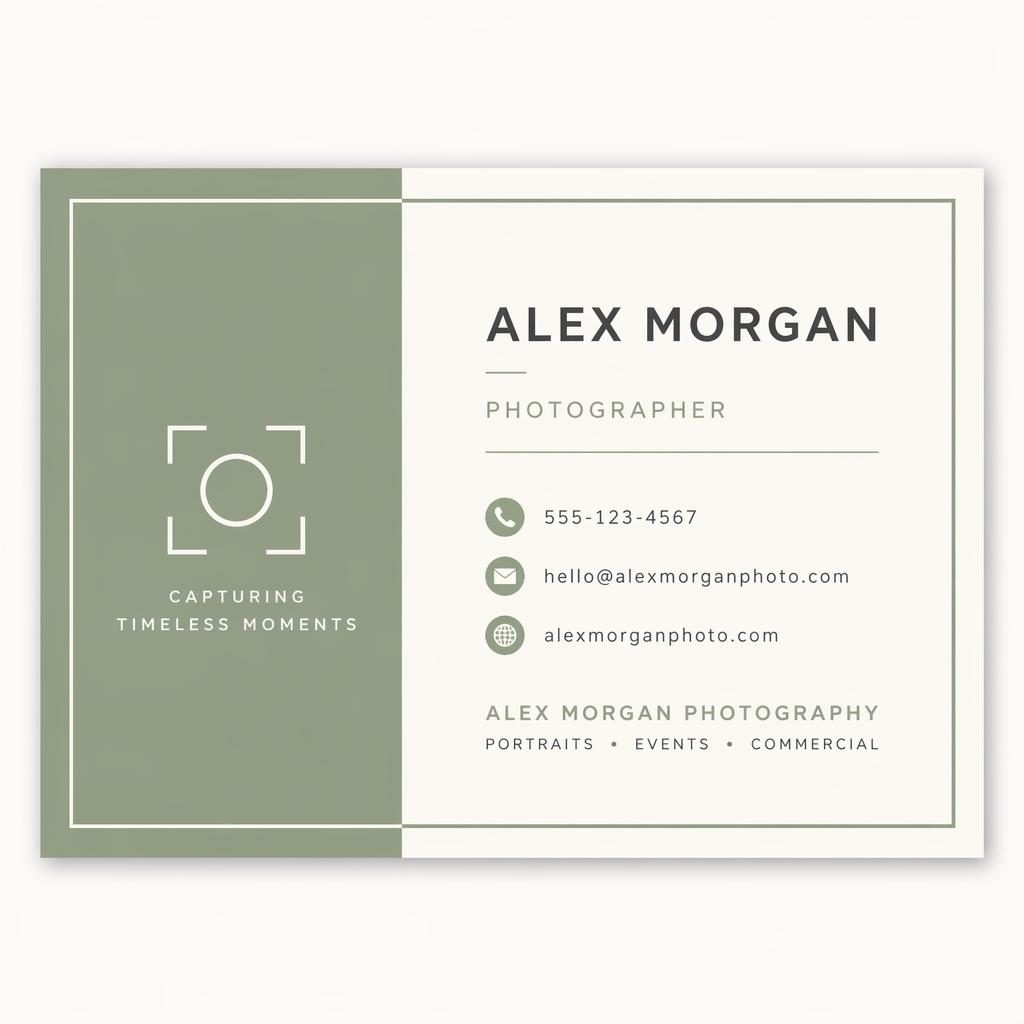 Front render of a Swiss-style business card in sage and ivory with sharp placeholder contact details and clean spacing.