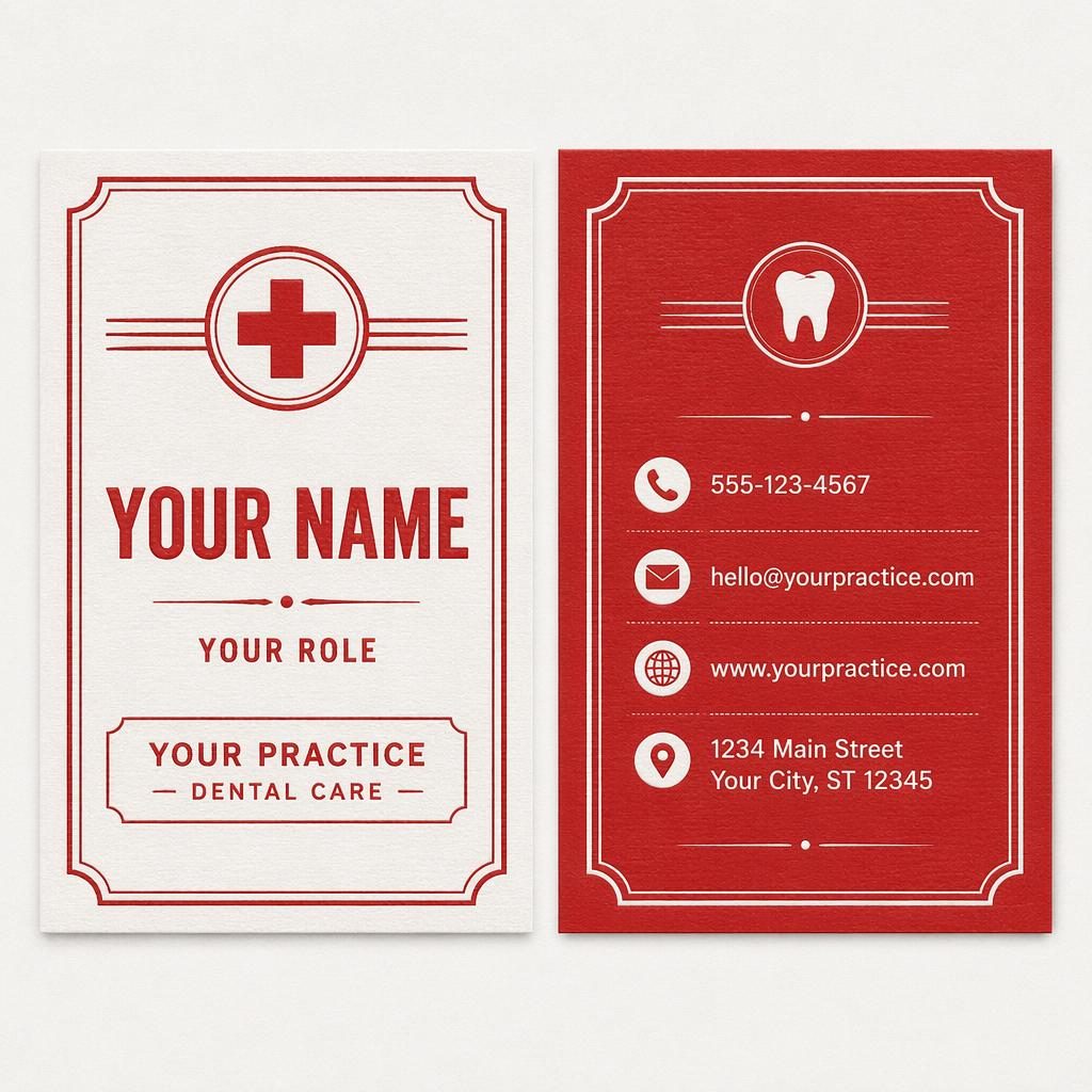 Both sides of a vintage letterpress medical or dental business card in red and white, shown side by side with sharp text.