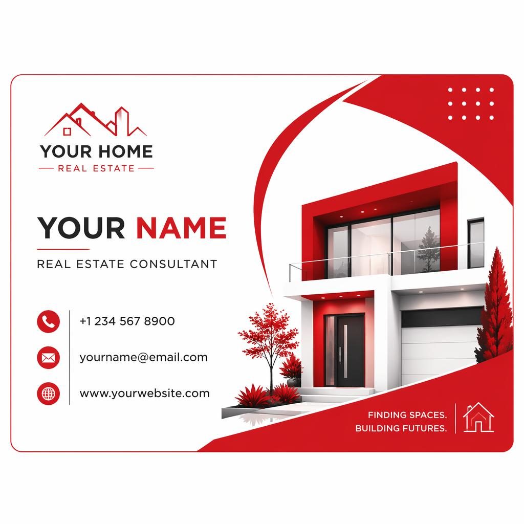 Front view of an illustrated organic real estate business card in bold red and white with readable placeholder contact details.