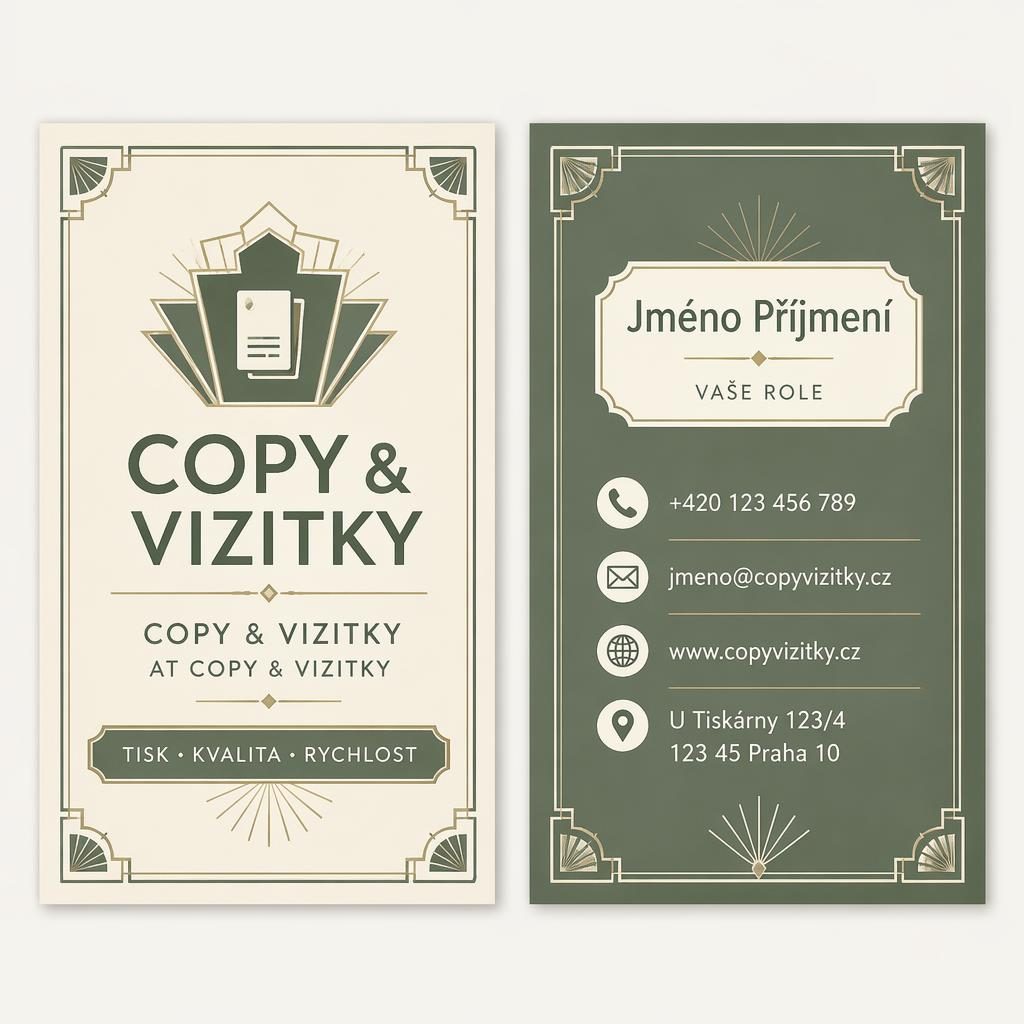 Oboustranný návrh vizitky vedle sebe v art deco stylu, paleta sage a ivory, ostrá typografie a čisté zástupné údaje.