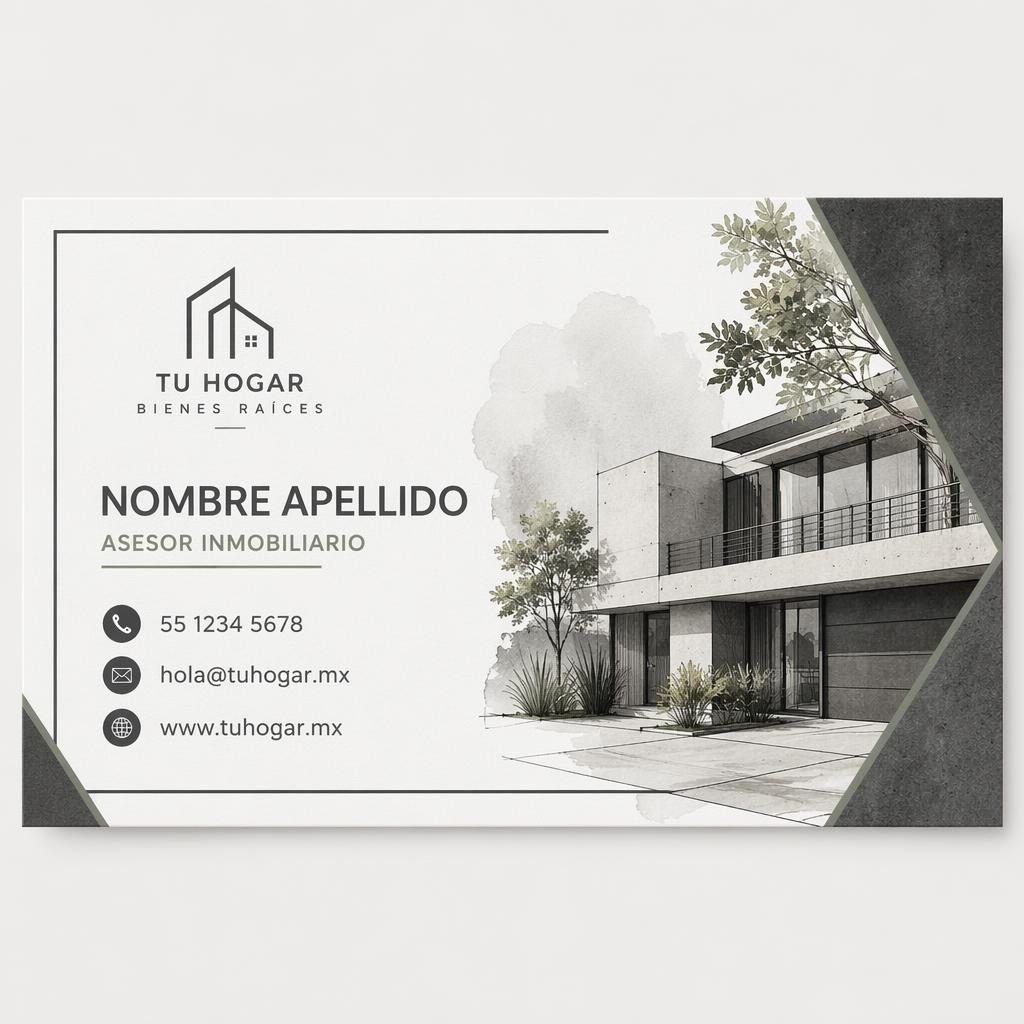 Diseño frontal de tarjeta personal inmobiliaria ilustrada en gris industrial, con tipografía nítida y espacio negativo