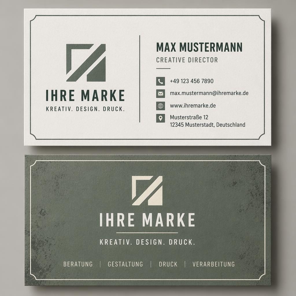 Gestapelte Vorder- und Rückseite einer Visitenkarten-Vorlage in Salbei und Elfenbein mit klarer Typografie.