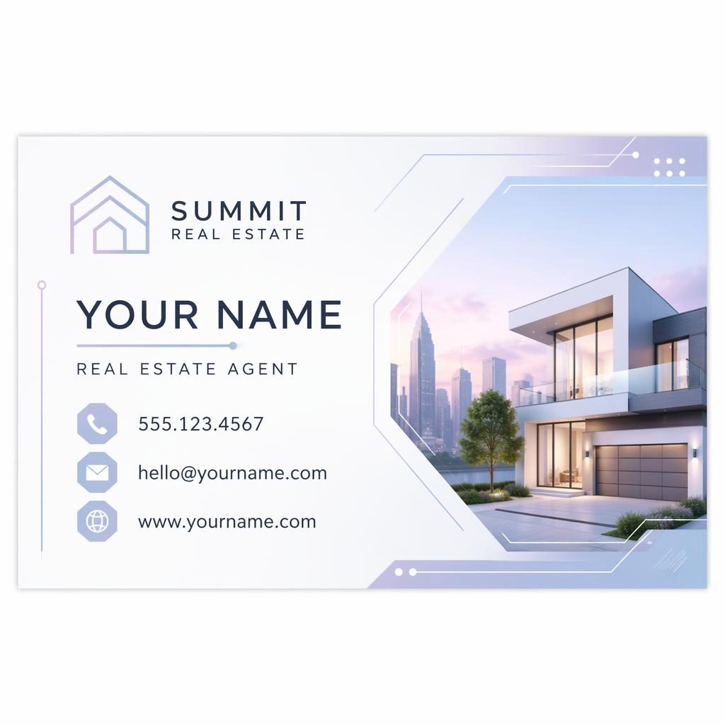 Front view of a 3.5x2 inch real estate business card with pastel futuristic styling, sharp placeholder contact text, and clean layout.