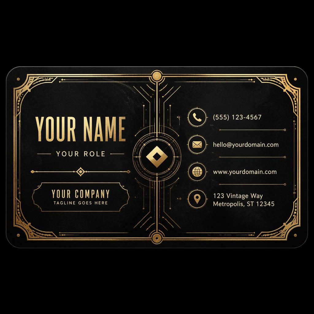 Front view of a vintage style business card design in black and gold with futuristic layout and sharp placeholder contact details.