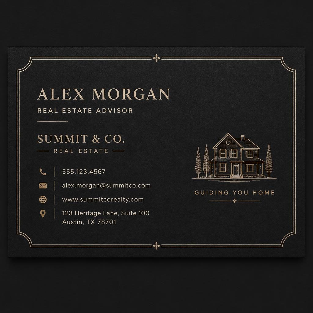 Front view of a vintage letterpress real estate business card in dark tones with sharp placeholder contact details.