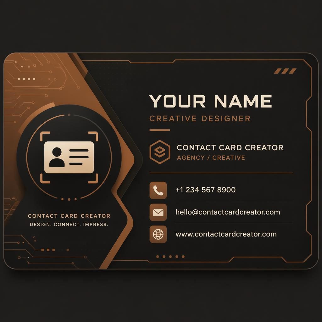 Front view of a tech-futuristic business card in warm earth tones with sharp placeholder contact details and clean layout.