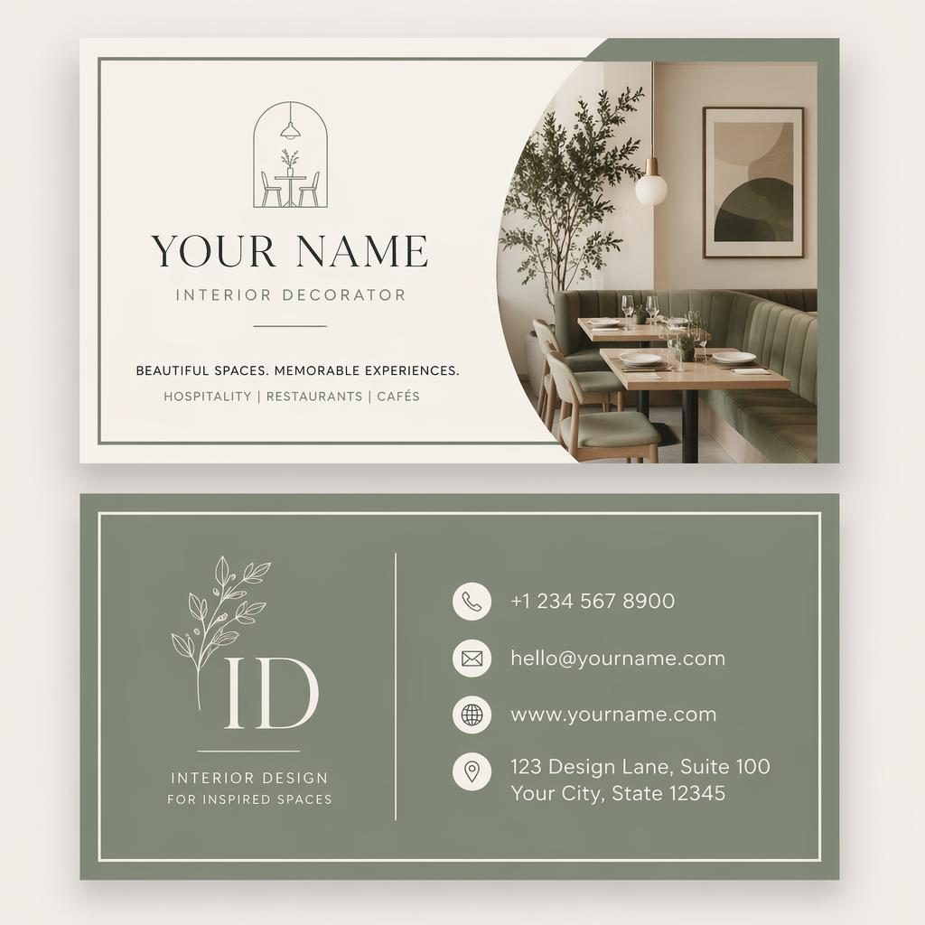 Front and back stacked interior decorator business card design in sage and ivory with minimalist layout and sharp text