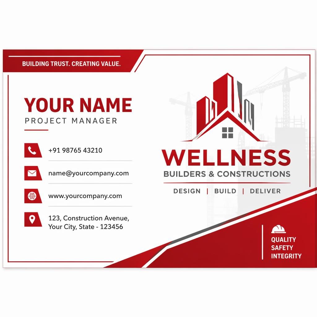Front render of a print-ready builders construction visiting card design in red and white with sharp placeholder contact details.