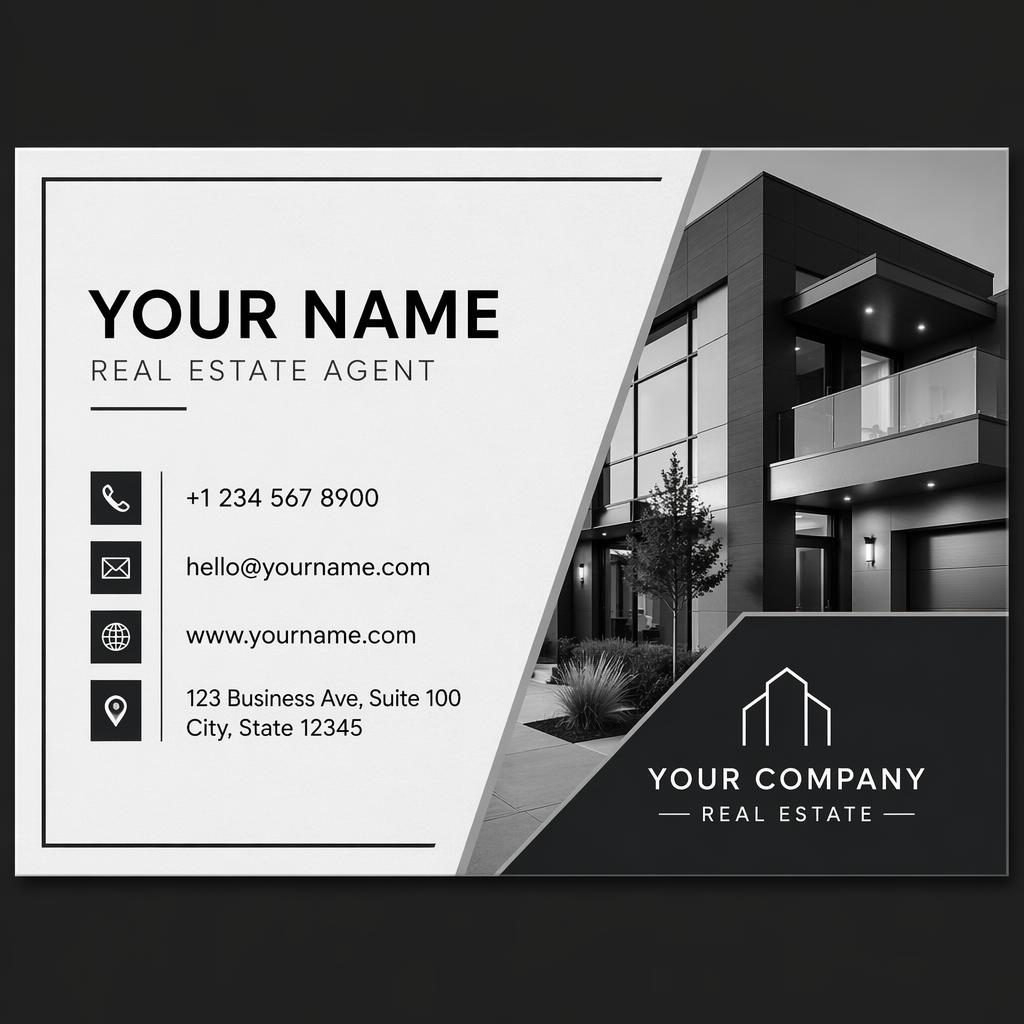 Front view of an industrial monochrome business card with placeholder name, role, company, phone, email, and website.