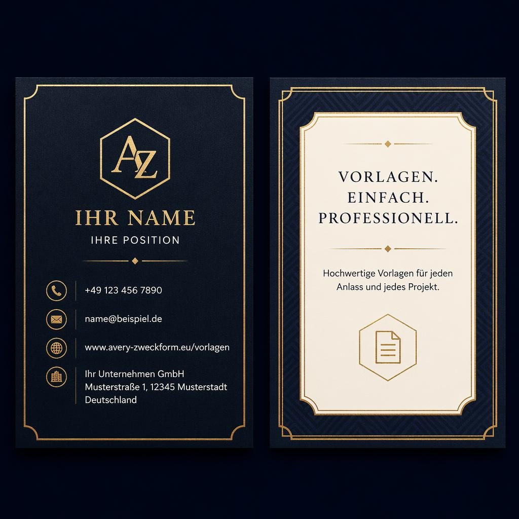 Beidseitiges Visitenkarten-Rendering in Schwarz-Gold sowie Navy-Creme, mit klarer Typografie und Platzhaltern für Kontaktdaten.