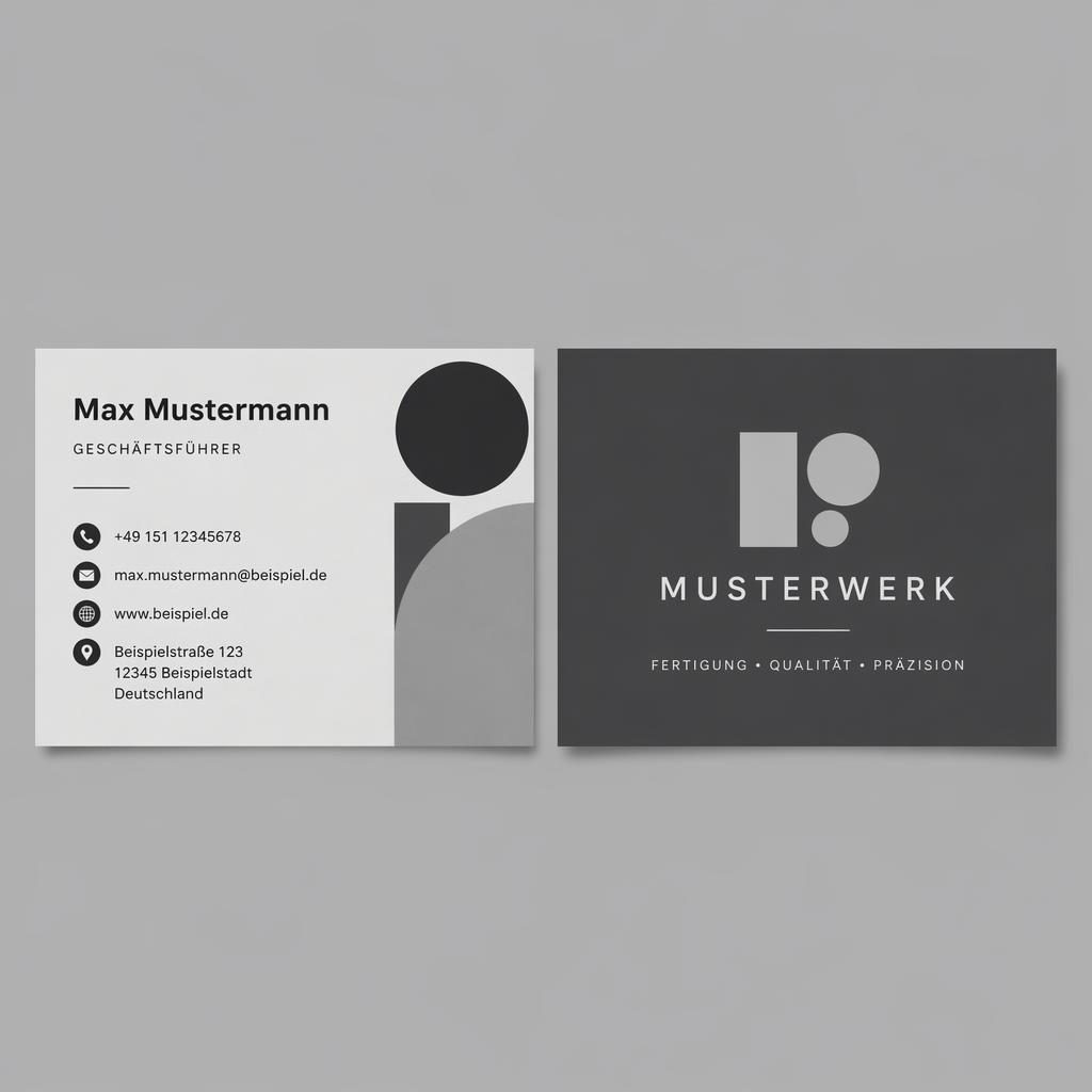 Render einer minimalistischen Visitenkarte im Bauhaus-Stil, Vorder- und Rückseite nebeneinander in industriellem Grau
