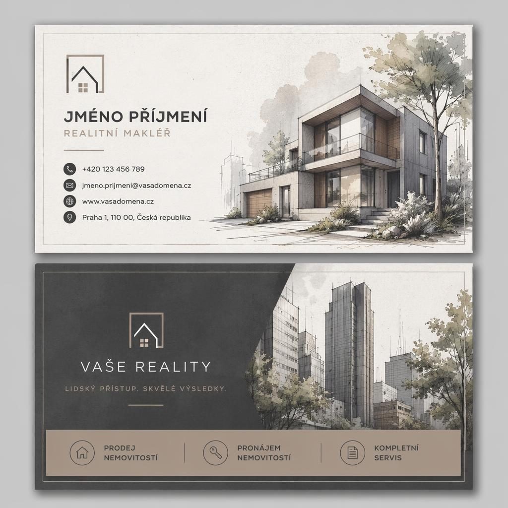 Oboustranný návrh vizitek pro realitní firmu, přední a zadní strana ve vrstveném zobrazení v šedo-industriální paletě