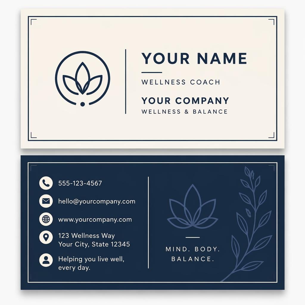 Front and back business card mockup in Swiss style, navy and cream, stacked with sharp placeholder contact details.