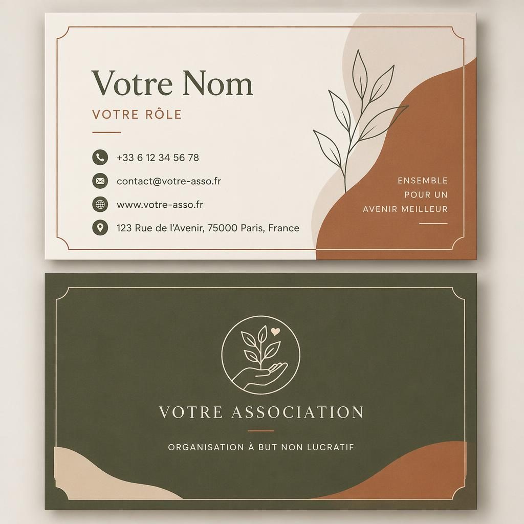 Maquette de carte de visite template psd recto verso empilée, palette terre chaude, typographie nette et espace épuré.