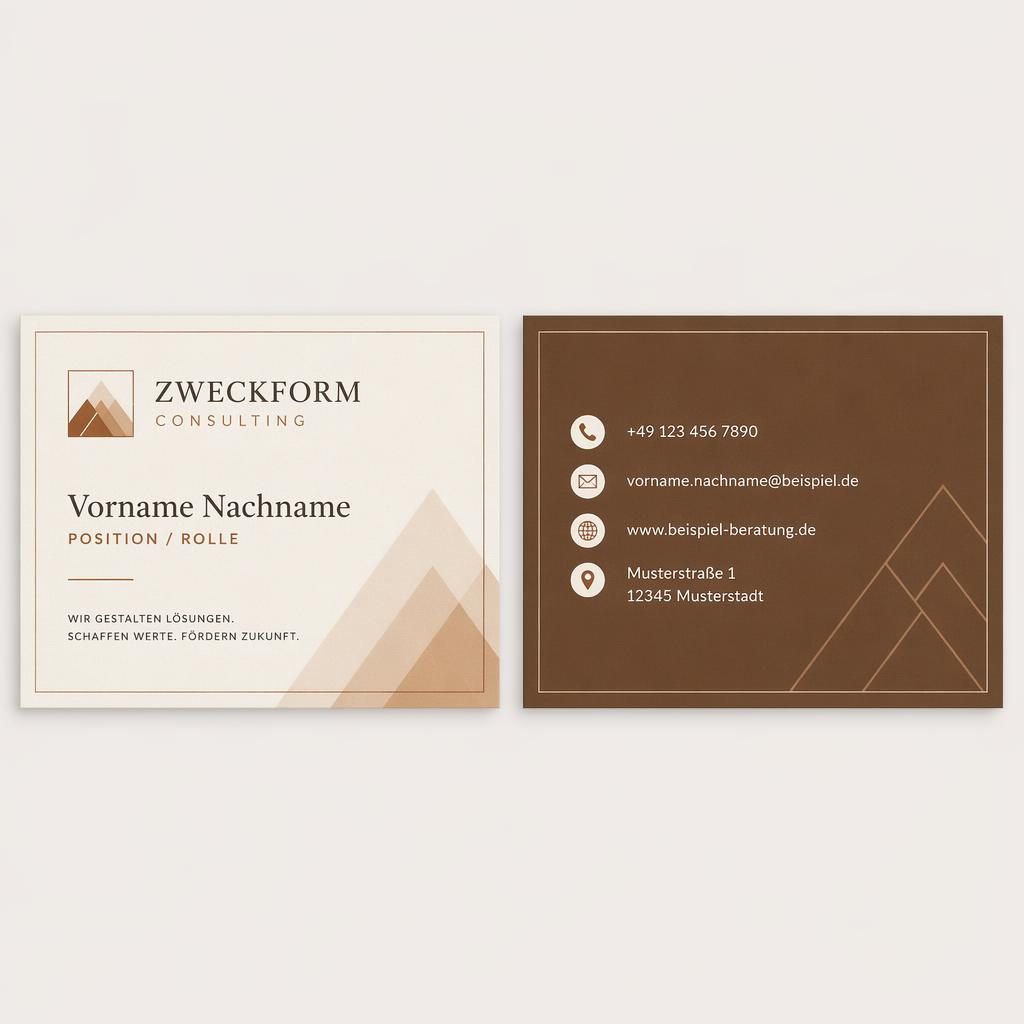 Beidseitiges Render einer Business Card im Warmton-Look mit typografischem Fokus, Platzhaltern und klar lesbaren Kontaktdaten.