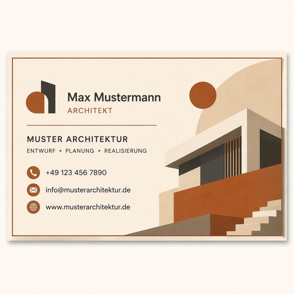 Rückseite einer Bauhaus-Visitenkarte im warmen Erdtönen-Look mit klarer Typografie und viel Weißraum im 3,5×2-Zoll-Format.