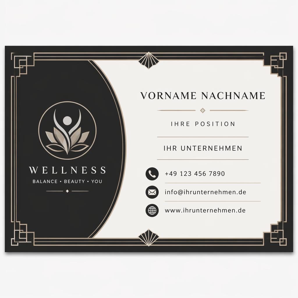 Elegantes monochromes Art-Déco-Design einer Business Card mit Platzhaltern für Name, Rolle und Kontaktdaten.