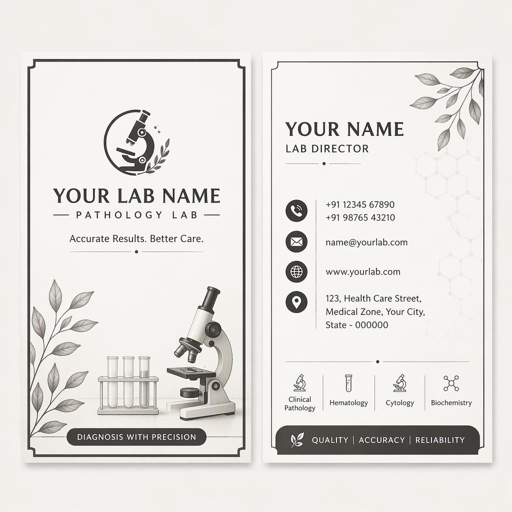 Both sides of a pathology lab business card shown side by side in a monochrome elegant illustrated style.