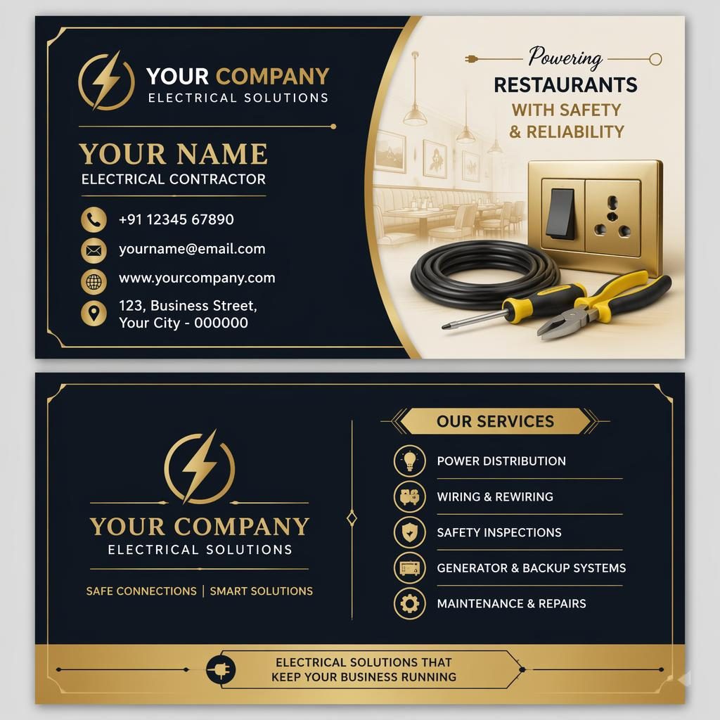 Front and back electrical work visiting card design mockup in black, gold, navy, and cream with clean readable layout.