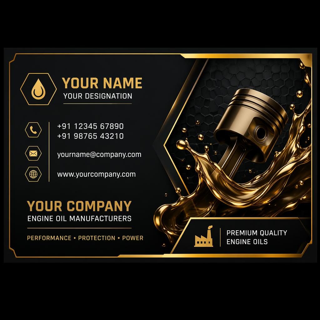 Back side of a luxury black and gold engine oil visiting card design with clean placeholder contact details.