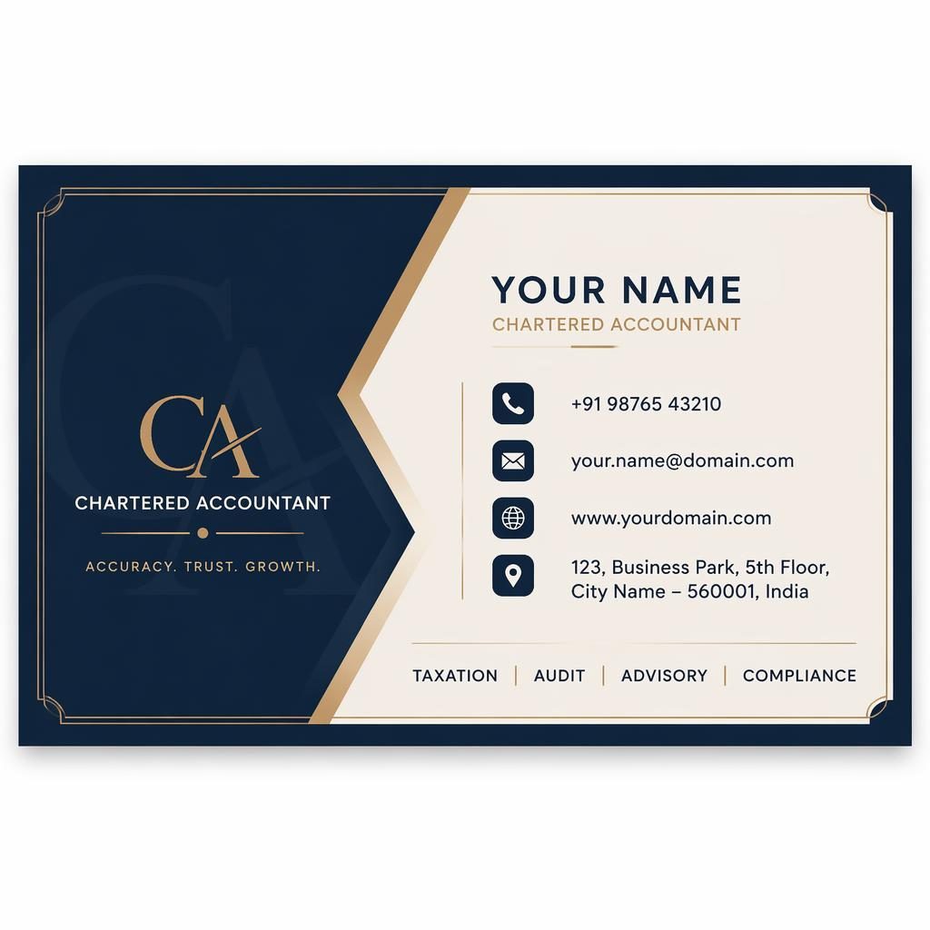 Back render of a print-ready business card for a chartered accountant in navy and cream, with clean placeholders and sharp type.