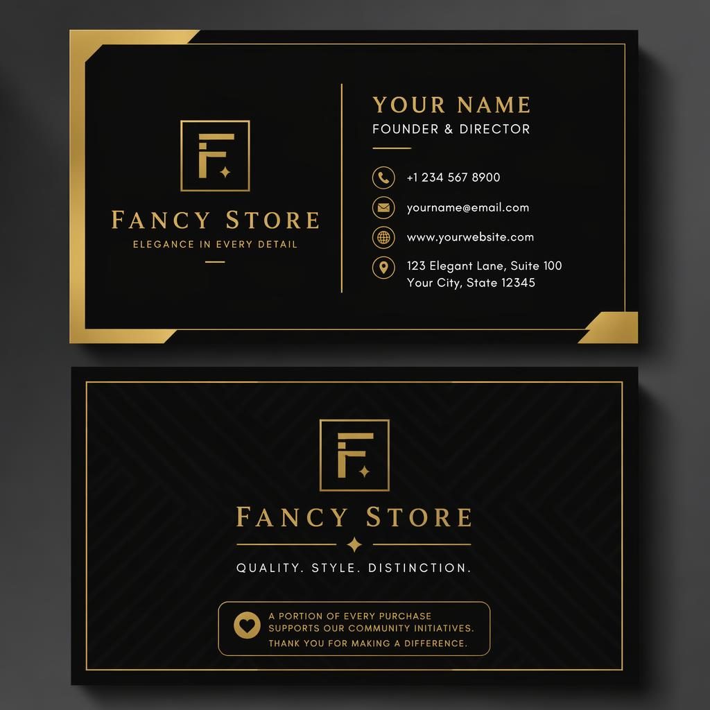 Front and back business card mockup in black and gold, modern minimalist layout with sharp placeholder contact details.