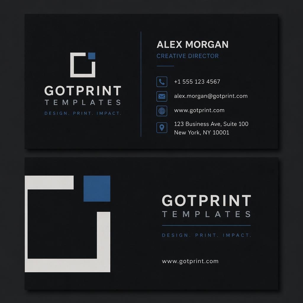 Front and back business card design stacked in Swiss style with dark palette, sharp placeholder contact details, 3.5x2 format.
