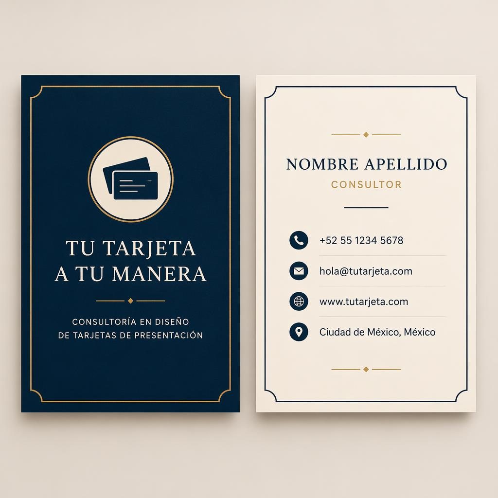Diseño de tarjeta de presentación a doble cara, lado a lado, en azul marino y crema con tipografía nítida.