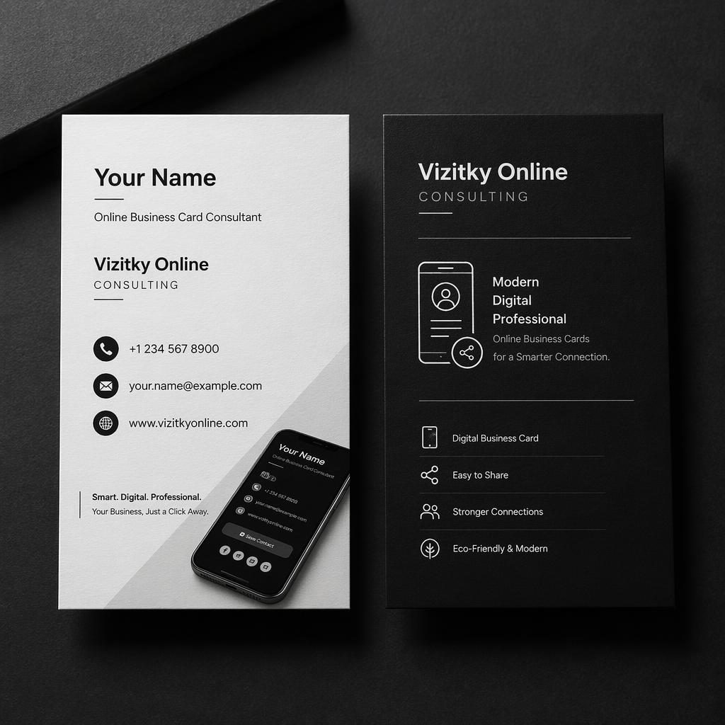Fotorealistický mockup oboustranné vizitky vedle sebe v monochromatickém minimalistickém stylu s kontaktními údaji.