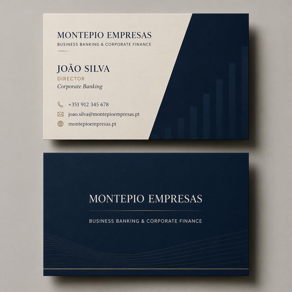 Mockup fotorealista de cartão de visita frente e verso para montepio empresas em azul-marinho e creme.