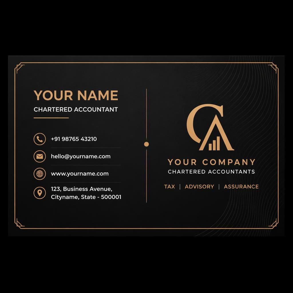 Back view of a print-ready chartered accountant business card in a warm dark palette with sharp placeholder contact details.