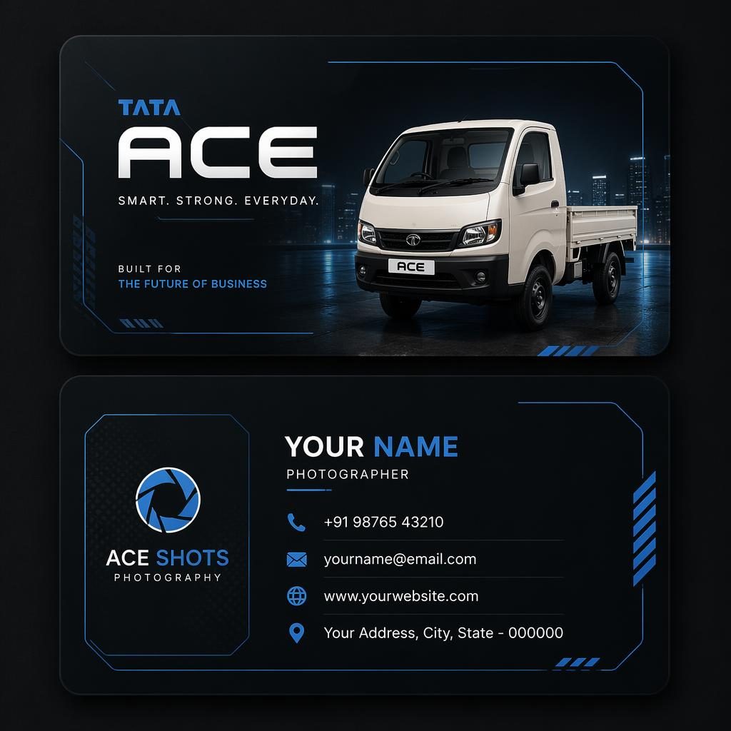 Front and back stacked business card mockup for tata ace visiting card design in a dark futuristic style.