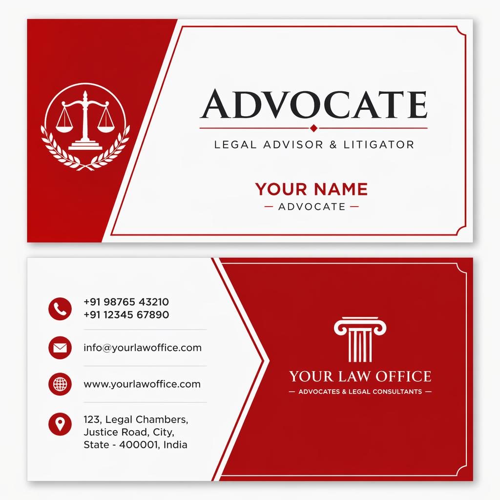 Front and back advocate card sample business card design stacked in red and white Swiss style with sharp placeholder details.