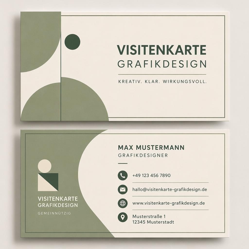 Gestapelte Visitenkarte im Bauhaus-Stil in Salbei und Elfenbein, Vorder- und Rückseite mit klarer Platzhalter-Typografie.