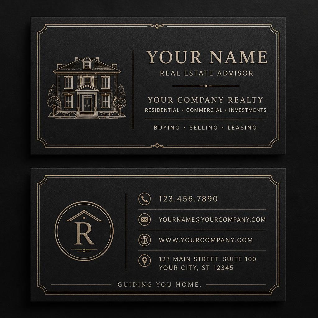 Front and back stacked real estate business card design in dark vintage letterpress style with sharp placeholder contact details.