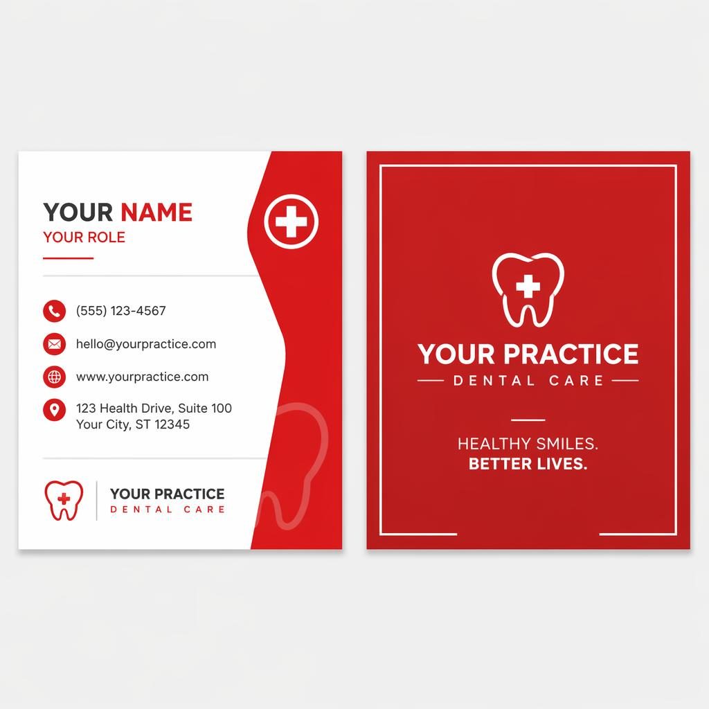 Both sides of a modern minimalist medical business card in red and white, shown side by side with sharp placeholder contact details.
