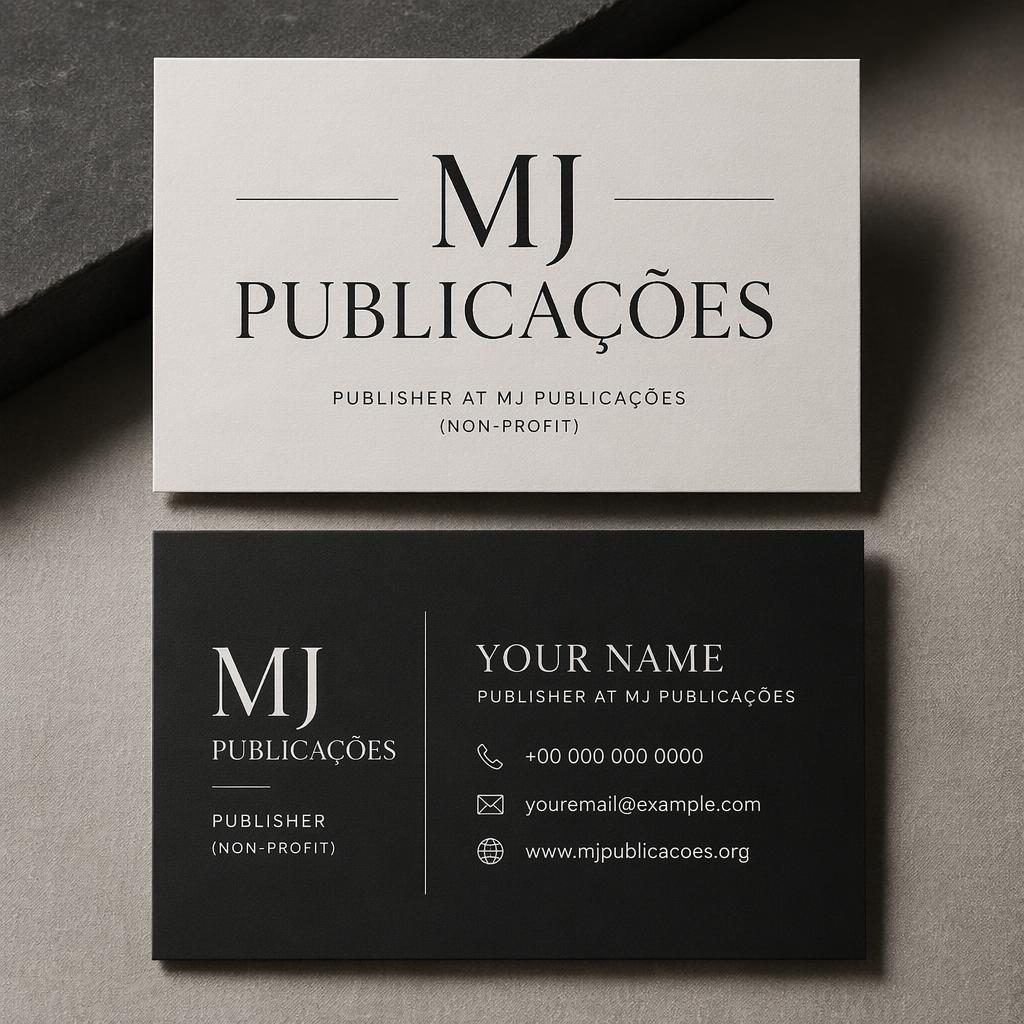 Mockup fotorealista de cartão de visita frente e verso empilhados da MJ Publicações, tipografia elegante em preto e branco.