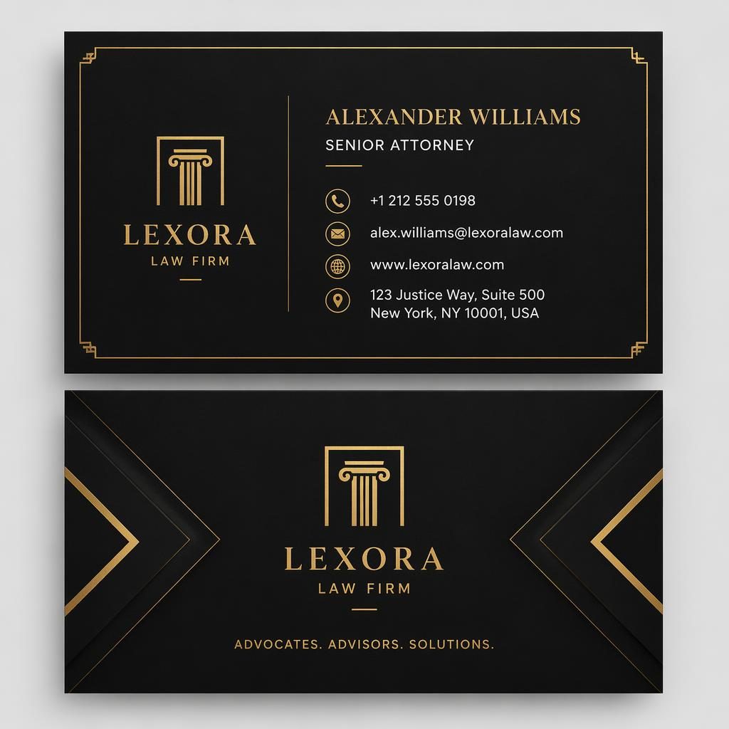 Front and back stacked business card render in Swiss style with black and gold palette and sharp placeholder contact details.
