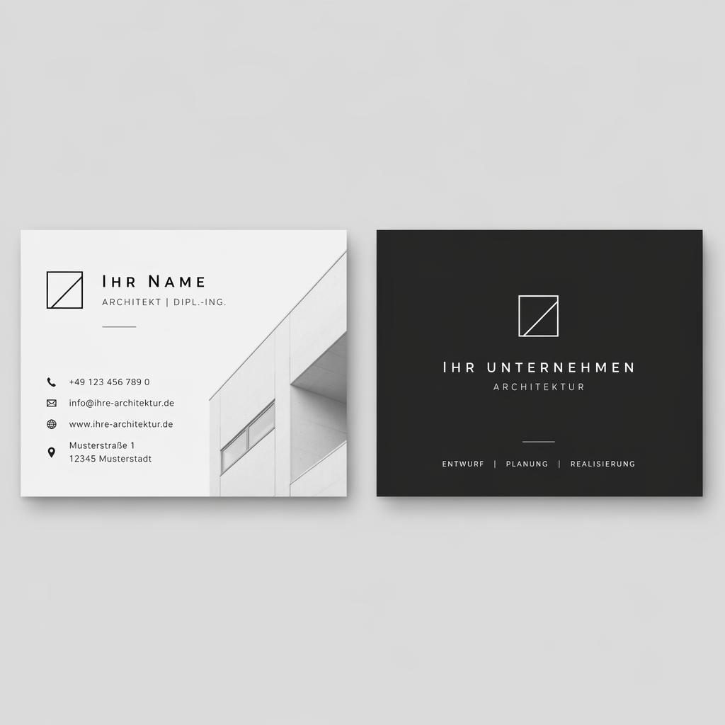 Beidseitiges Business-Card-Rendering im Swiss-Stil, monochrom, mit klarer Typografie und viel Weißraum.
