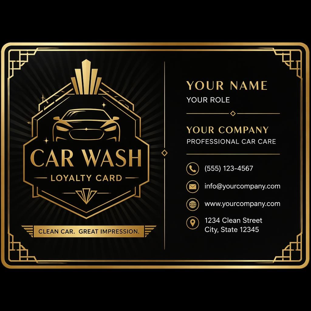 Front render of an art deco business card in black and gold with placeholder contact details and luxury framing.