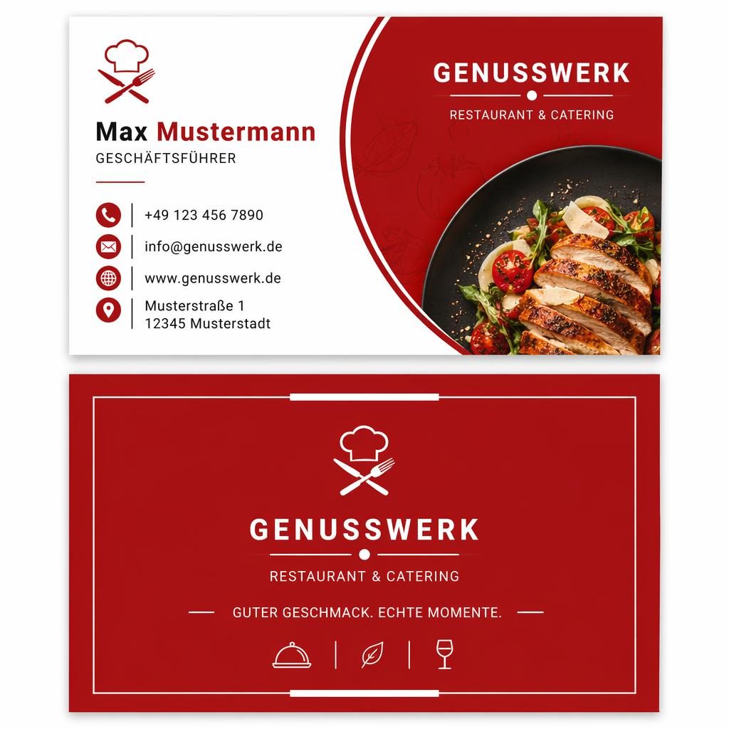 Gestapelte Vorder- und Rückseite einer modernen Restaurant-Visitenkarte in Rot und Weiß, minimalistisch, 3,5×2 Zoll.