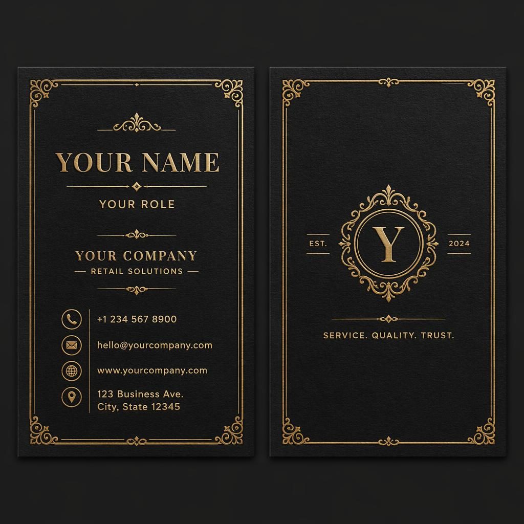 Both sides of a vintage letterpress calling card template shown side by side in black and gold with sharp placeholder details.