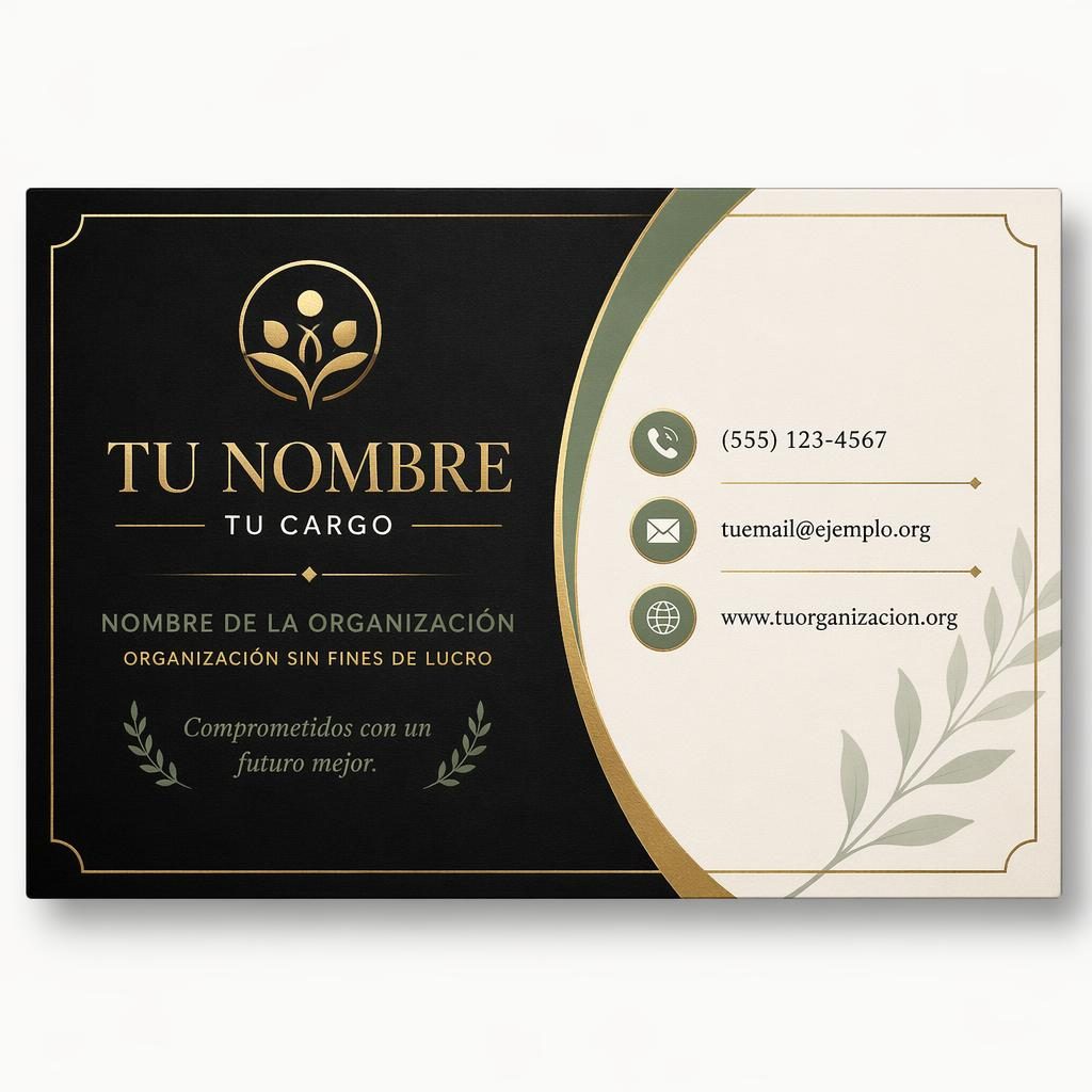 Diseño frontal de tarjeta de presentación premium en negro, oro, salvia e marfil con tipografía limpia y datos legibles.