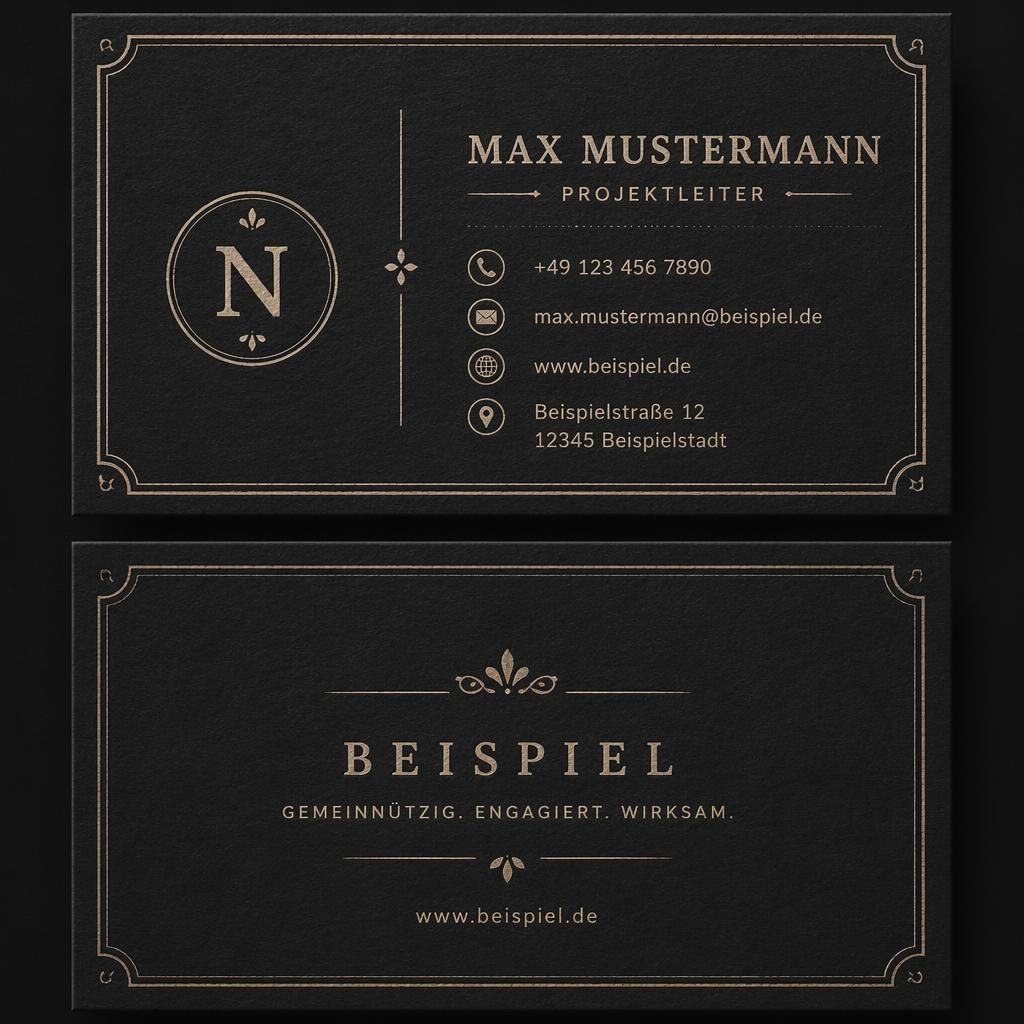 Gestapelte Vorder- und Rückseite einer dunklen Vintage-Visitenkarte mit klarer Platzhalter-Typografie im Letterpress-Stil.