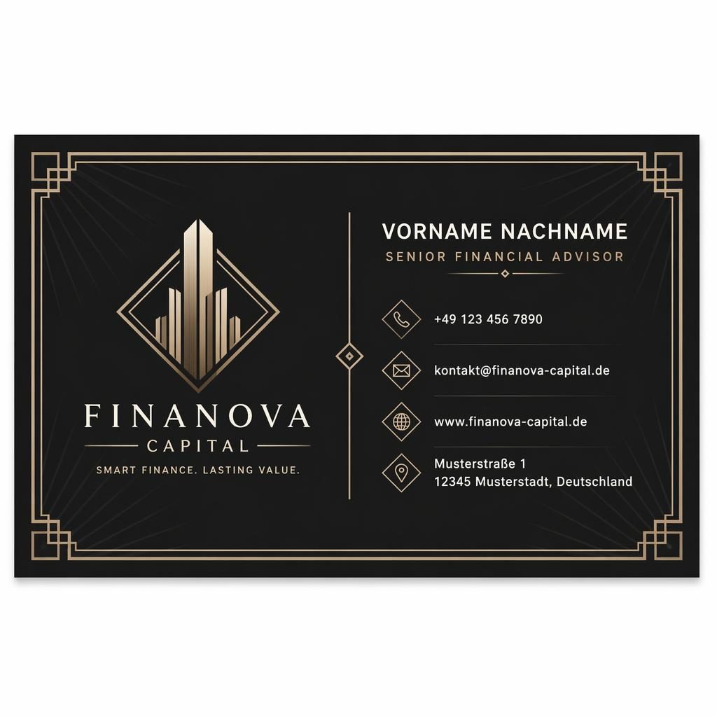 Rückseite einer monochromen Art-Déco-Visitenkarte für Fintech mit klarer Platzhalter-Typografie und elegantem Layout.