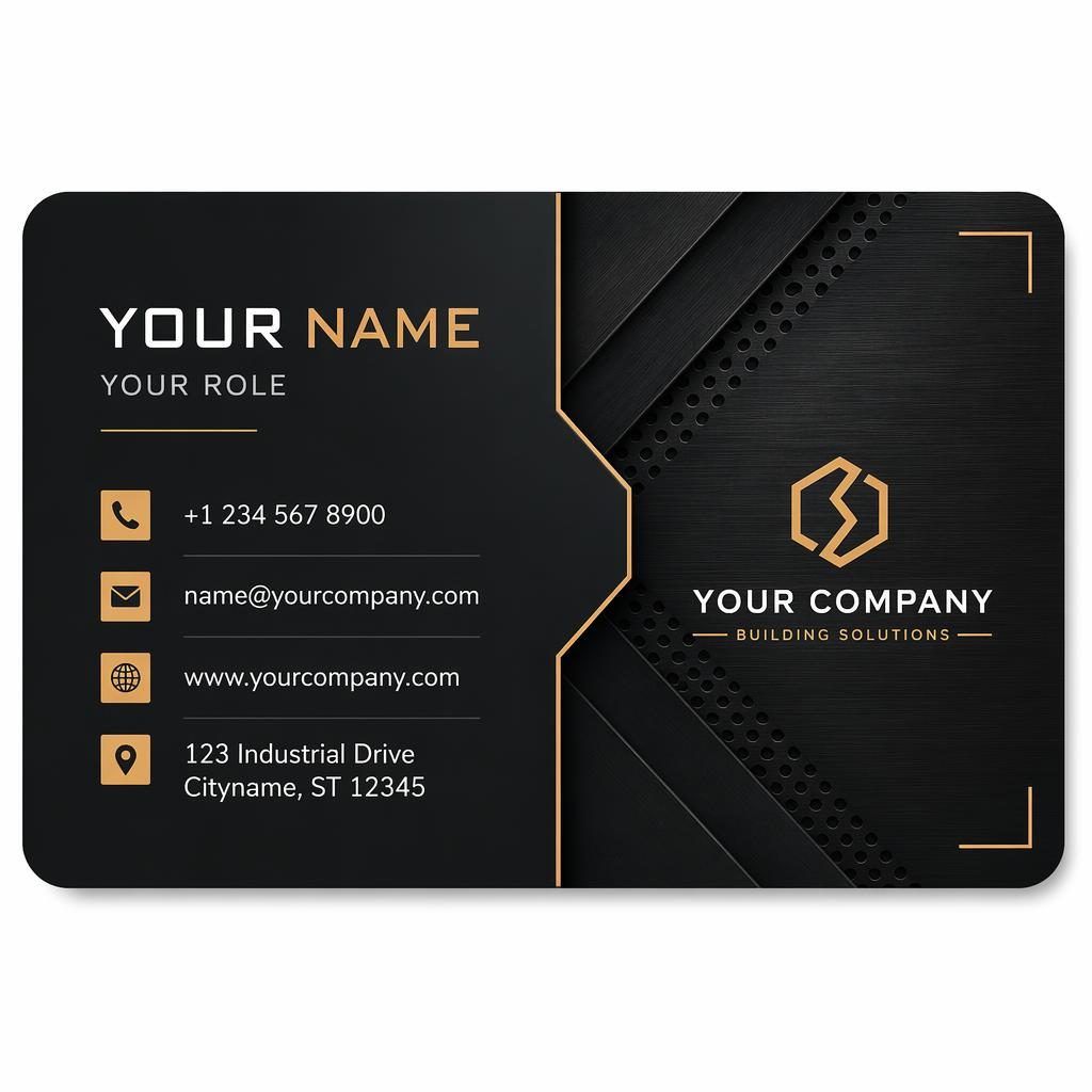 Back view of a dark industrial business card template with sharp placeholder contact details and clean balanced layout.
